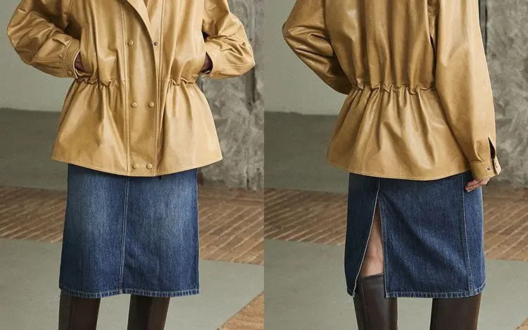 Women's Spring/Autumn Blouse Outerwear Jacket Faux Leather Jacket Double Collar Pleated Fitted Waist Retro Mid-Length Loose Fit
