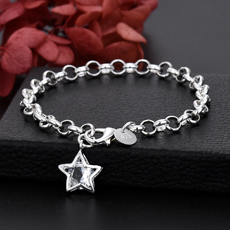 

Classic 925 Sterling Silver Shining Crystal Star Bracelets for women Fashion original designer party wedding Jewelry gifts