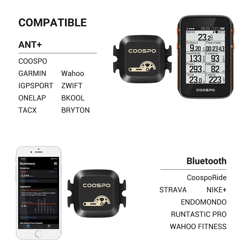 COOSPO 케이던스 및 속도 센서 듀얼 모드 RPM 모니터, 블루투스 4.0 ANT 로드 바이크, Wahoo Garmin 자전거 컴퓨터, BK467