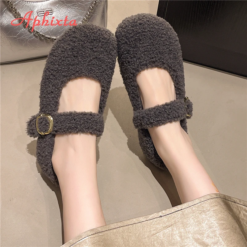 Aphixta Flat with Furry Shoes for Woman Soft Short Plush Buckle Women's Loafers Korean Style Ladies Shoe Luxury Brand Shoes