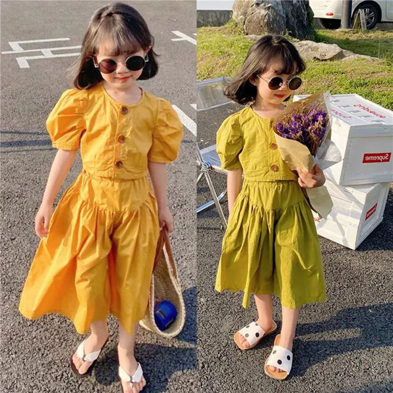 

Girls suit summer new bubble short-sleeved shirt top casual pants girl clthes wide-leg pants two-piece set Children's Clothing