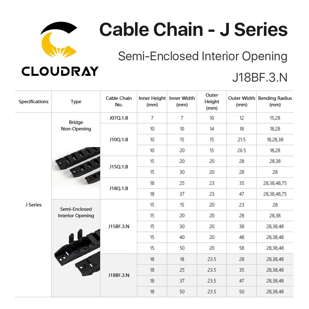 Cloudray 1m Plastic Cable Chain Semi-Enclosed Interior Opening 18x18 18x25 18x37 18x50 Drag Towline Transmission