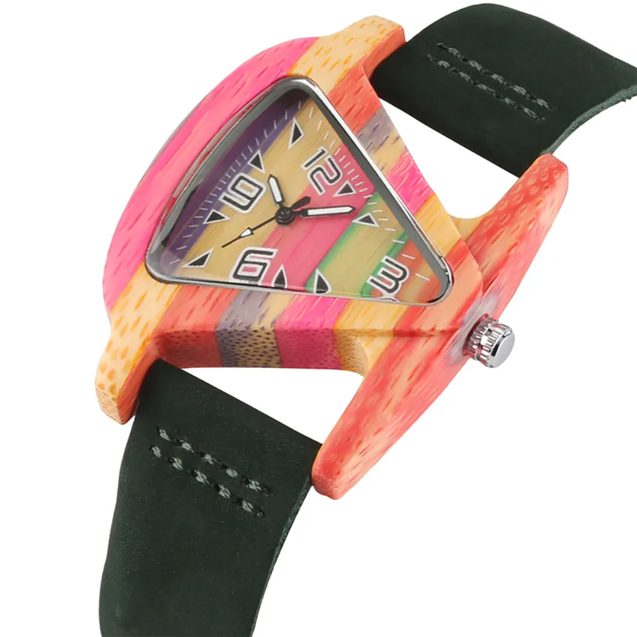 

Unique Triangle Women's Wood Watch Creative Colorful Lady Green/ Red Genuine Leather Wristwatch Elegant Womens Watches Top Gifts