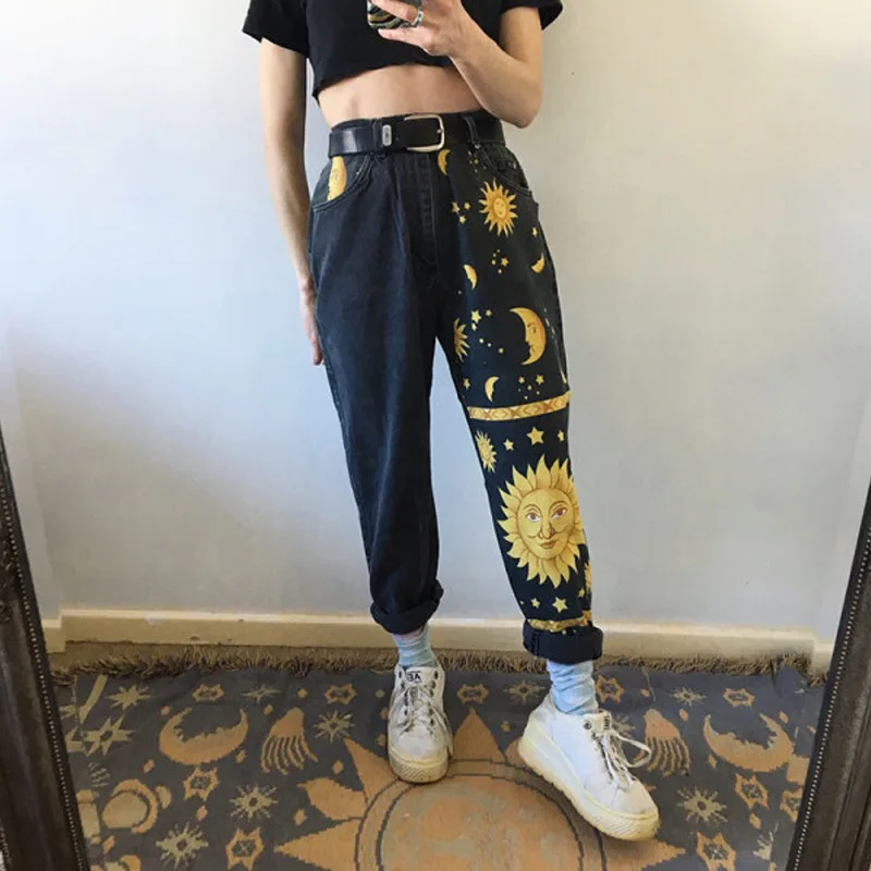 

Woman Black Starry Sky Jeans Sun Moon Print Aesthetic Clothes 2023 Women Plus Size High Waist Straight Pants Korea Streetwear