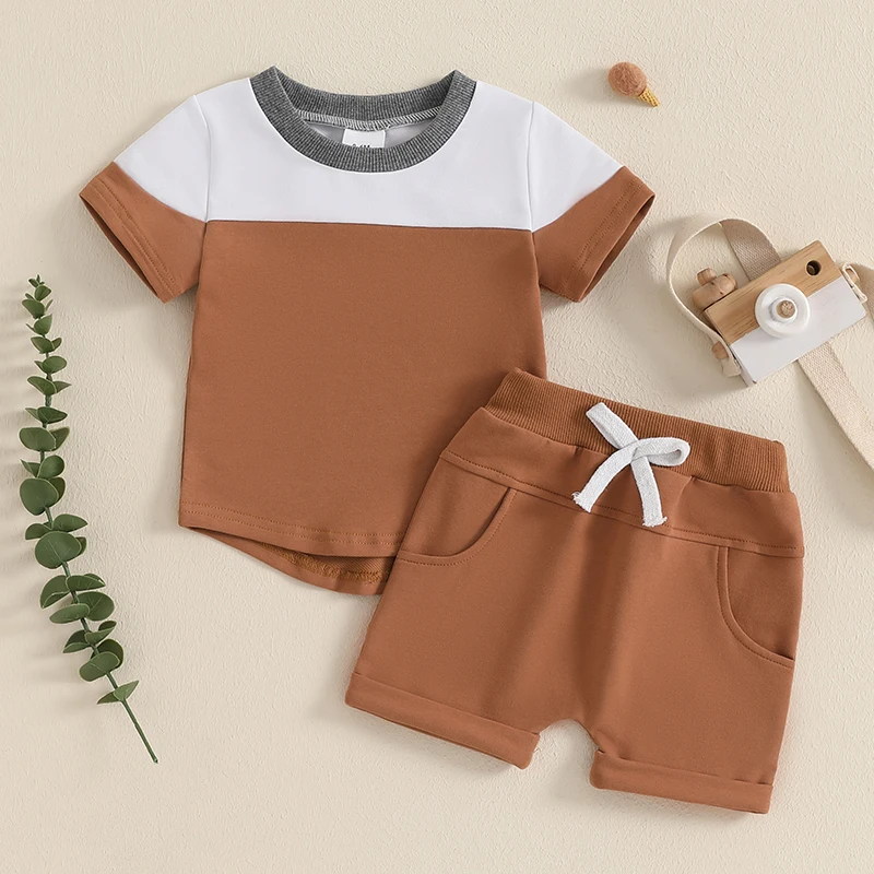 Toddler Baby Boys Contrast Color Set O-Neck Short Sleeve Tops Pockets Shorts Summer Outfits