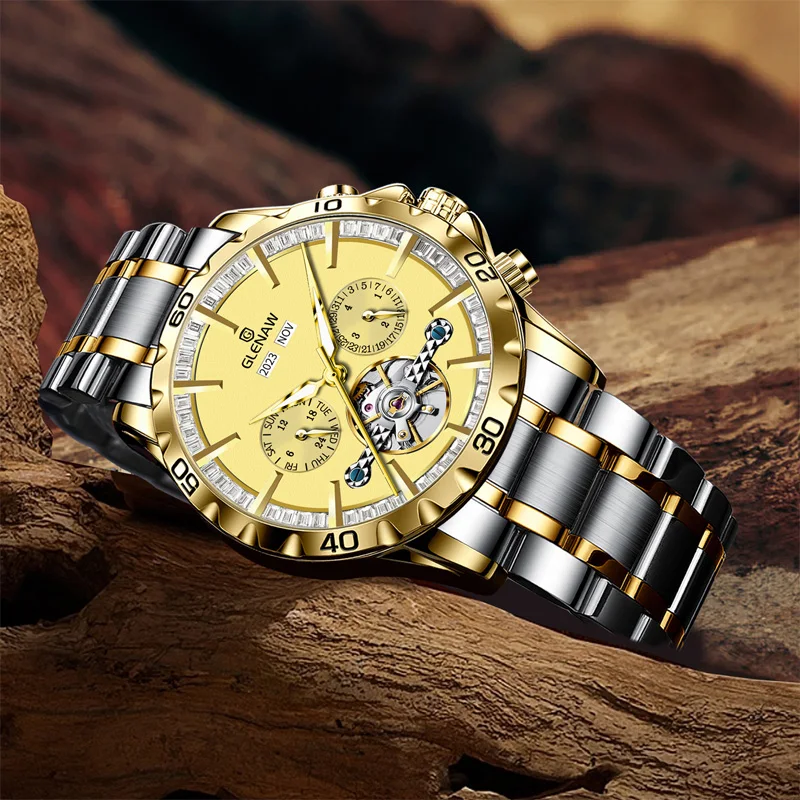 GLENAW Original Fashion Men's Watches Multifunctional Waterproof Moon Phase Automatic Mechanical Male Watch Perpetual Calendar
