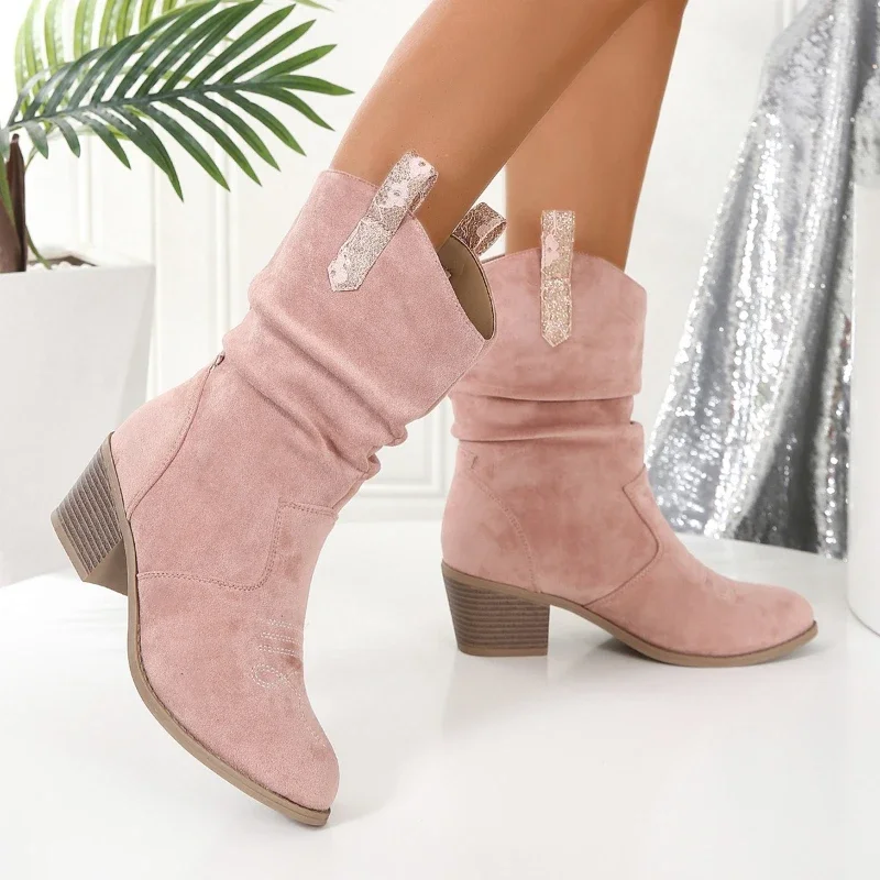 Female Shoes on Sale 2023 High Quality Autumn Pu Leather Solid  Slip-on Women's Boots Square Heel  Round Toe  Heeled Boots