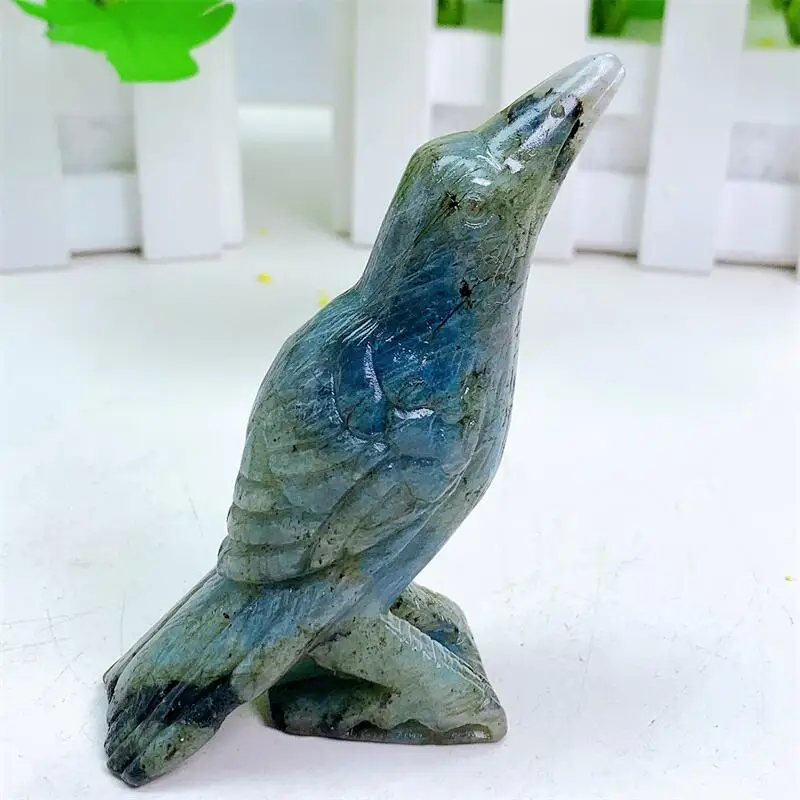 

9CM Natural Labradorite Bird Crystal Stone Crow Hand Carved Animal Figurine Energy Crafts Home Decoration As Gift 1pcs