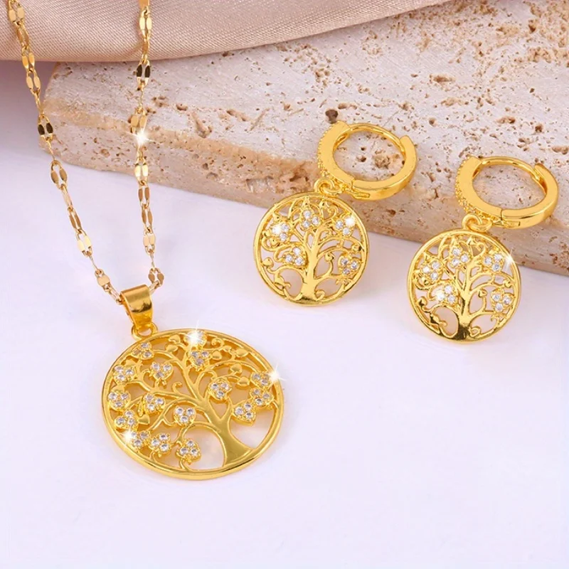 [Copper] 3-piece Love Tree of Life Jewelry Set Pendant Necklace Earrings Give Women A Light Luxurious Niche Design