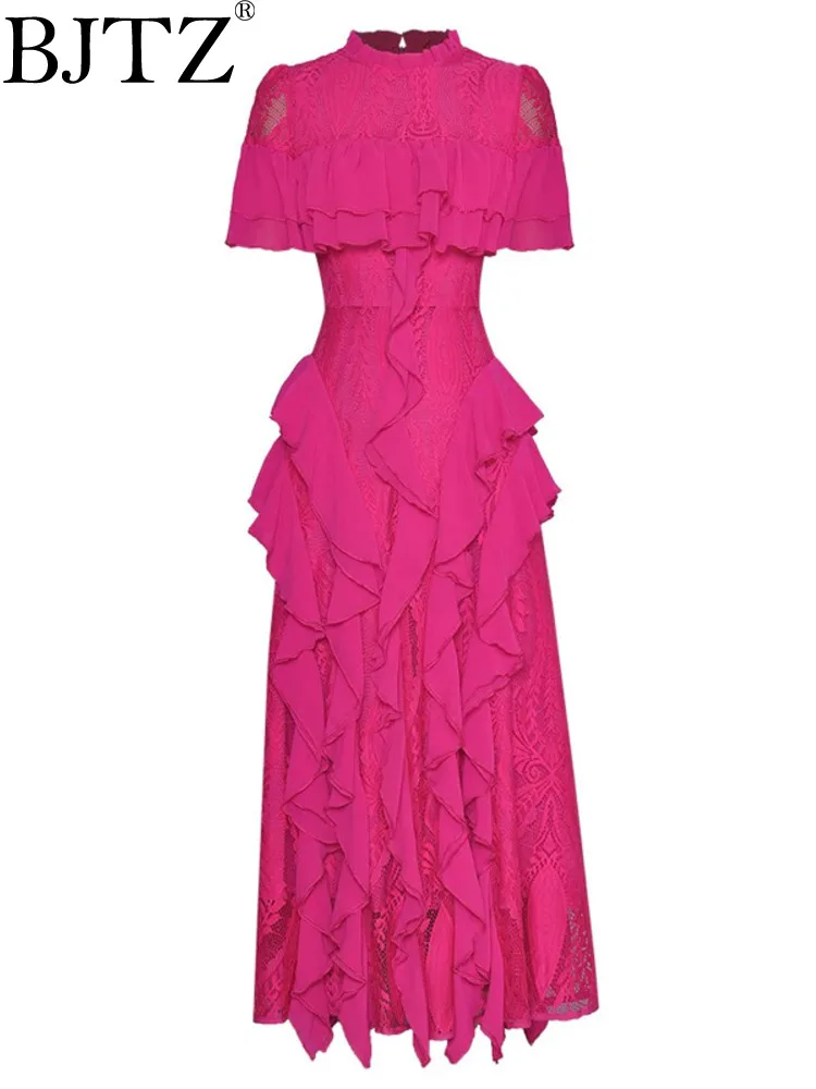BJTZ Summer New Heavy Industry Ruffle Edge Lace Patchwork Large Skirt Hem Short Sleeved Dresses For Women Clothing HL300