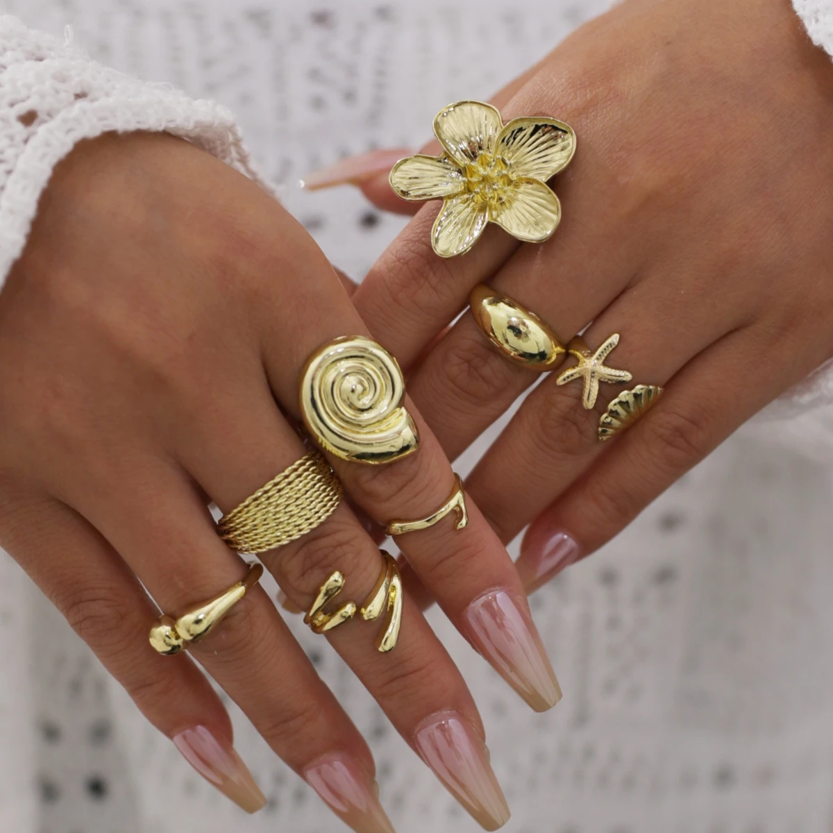 8 pieces / set vintage smooth flower shell design ring set stylish bohemian starfish character beach jewelry gifts