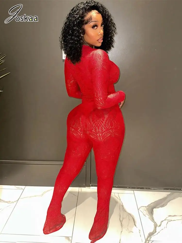 ELIZA極上夏のセットアップ新品同様 Joskaa Red Lace Two Piece Set Women Sexy See Through Long