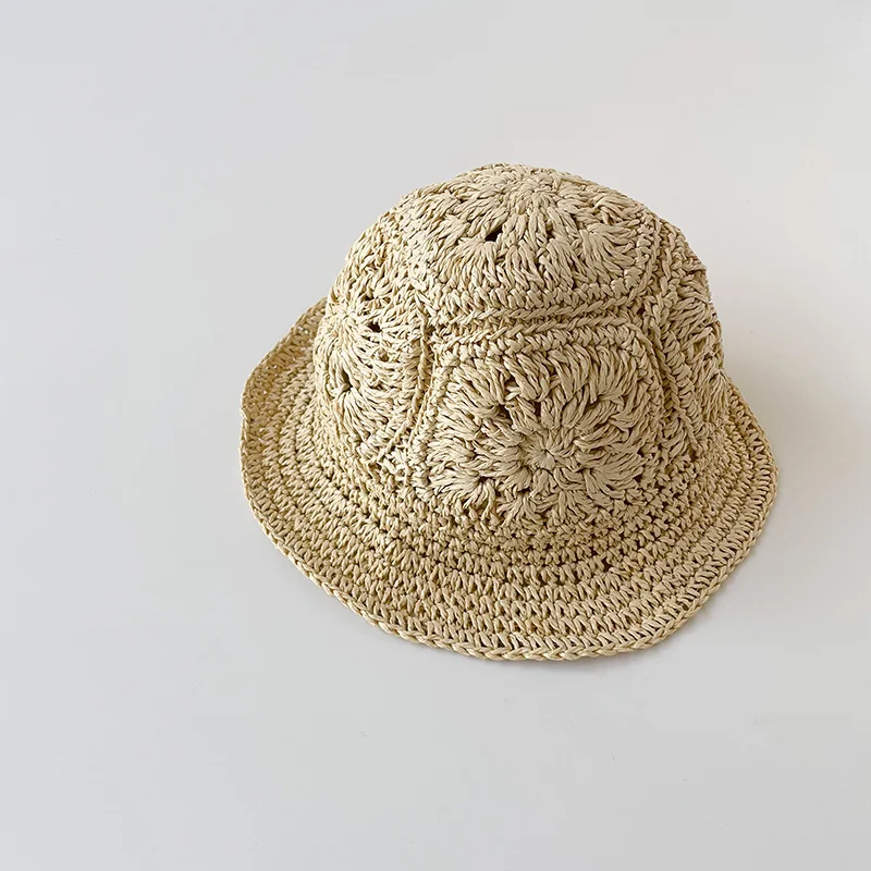 New Summer Kids Straw Hat Summer Girls Baby Outing Sun Hat Retro Hollow Beach Sunscreen Straw Basin Hat Infant Fisherman Cap