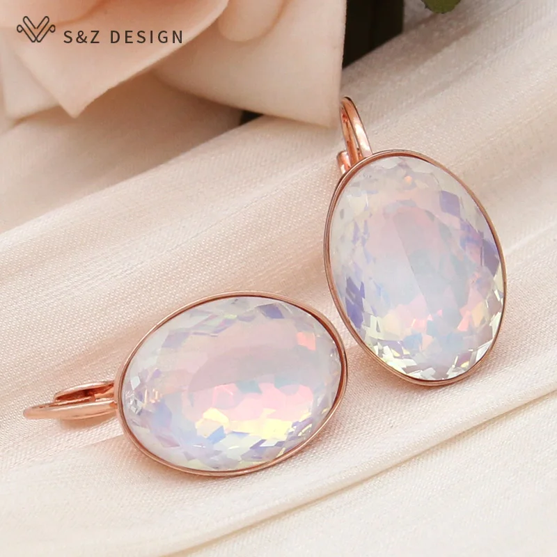 S&Z DESIGN New Trendy 585 Rose Gold Color Big Oval Egg Shape Crystal Dangle Earrings For Women Wedding Elegant Jewelry Gift