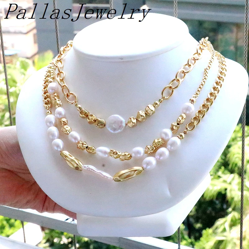 

3Pcs Nature Baroque Pearl Chain Necklace, Link Chain Pearls Design Necklace, 2022 Trend Wedding Jewelry For Women Gift