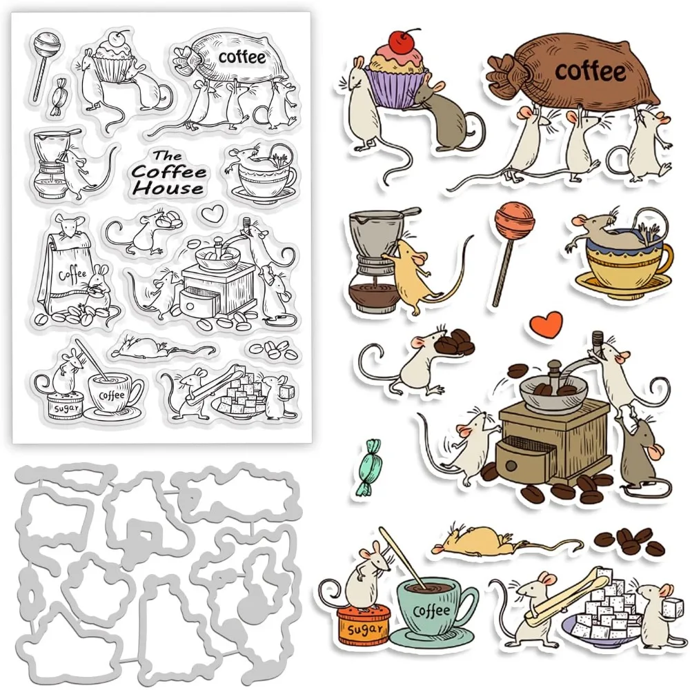 

Animal Coffee Cut Dies and Clear Stamp Coffee Machine Embossing Template and Silicone Stamp for Card Scrapbooking Card Making