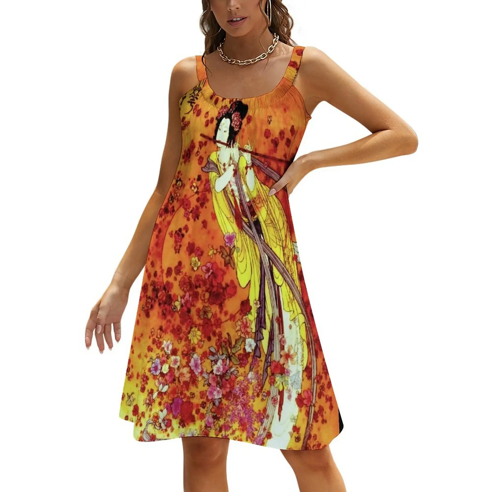 

JAPANESE GEISHA FLUTIST Vintage Decorative Painting Print Beach Sling Skirt luxury dress Women's summer long dress