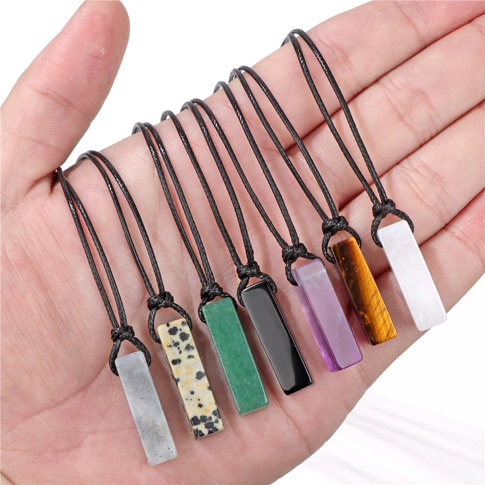 Rectangle Stone Necklace Natural Tiger Eye Lapis Lazuli Crystal Stone Necklace Adjustable Leather Rope Choker Men Jewelry Gift