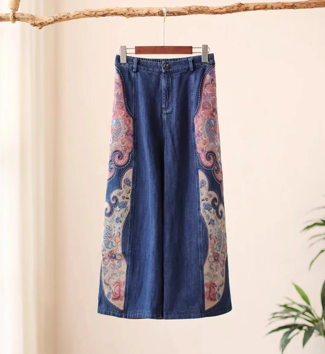 

Vintage Women's jeans National style embroidery wide leg jeans cotton linen Elastic waist loose-fit jeans Blue cowboy pants