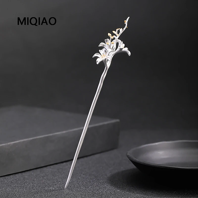 

MIQIAO 925 Sterling Silver Lily Flower Hair Sticks Women Chinese Japanese For Jewelry Hair Accessories Hanfu Head Jewelry