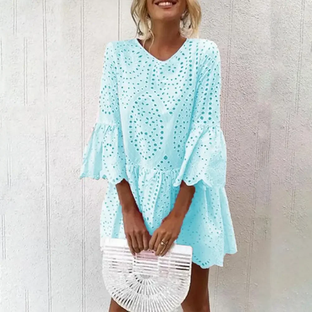 

Shirt Dress Elegant Retro V-neck 3/4 Flared Sleeve Mini Dress Hollow Out Ruffle Hem Loose Fit Casual Short Dress Streetwear