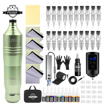 New Professional Tattoo Machine Set Rotary Tattoo Pen Kit With Cartridges Needles Tattoo Gun Power Supply Complete Tattoo Kit