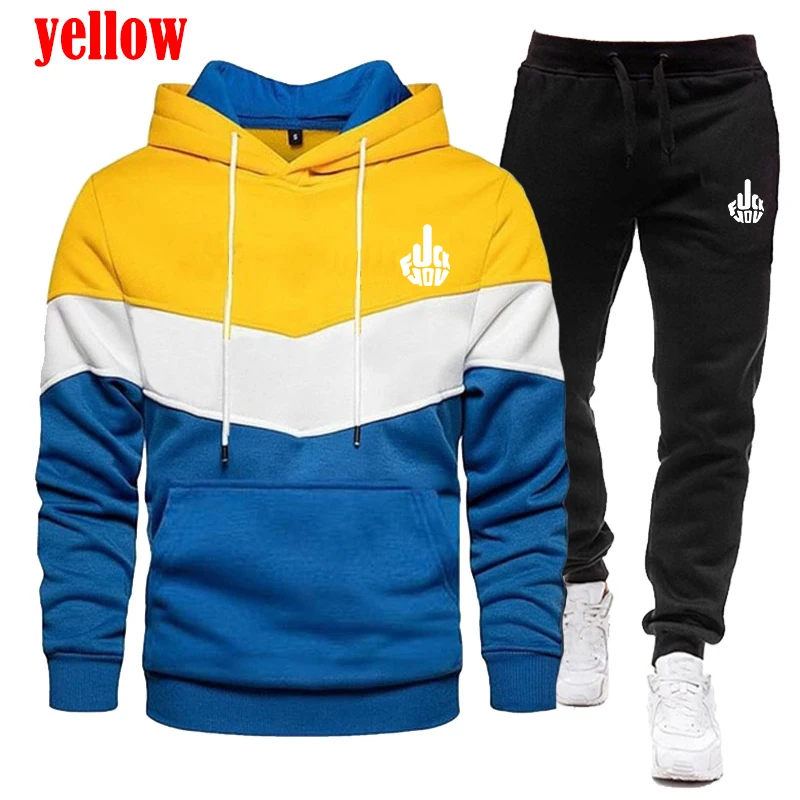 2023 New Fashion Printed Men's Sportswear Set Tri Color Panel Hoodie Guard Pants Two Piece Jogging Set Sportswear