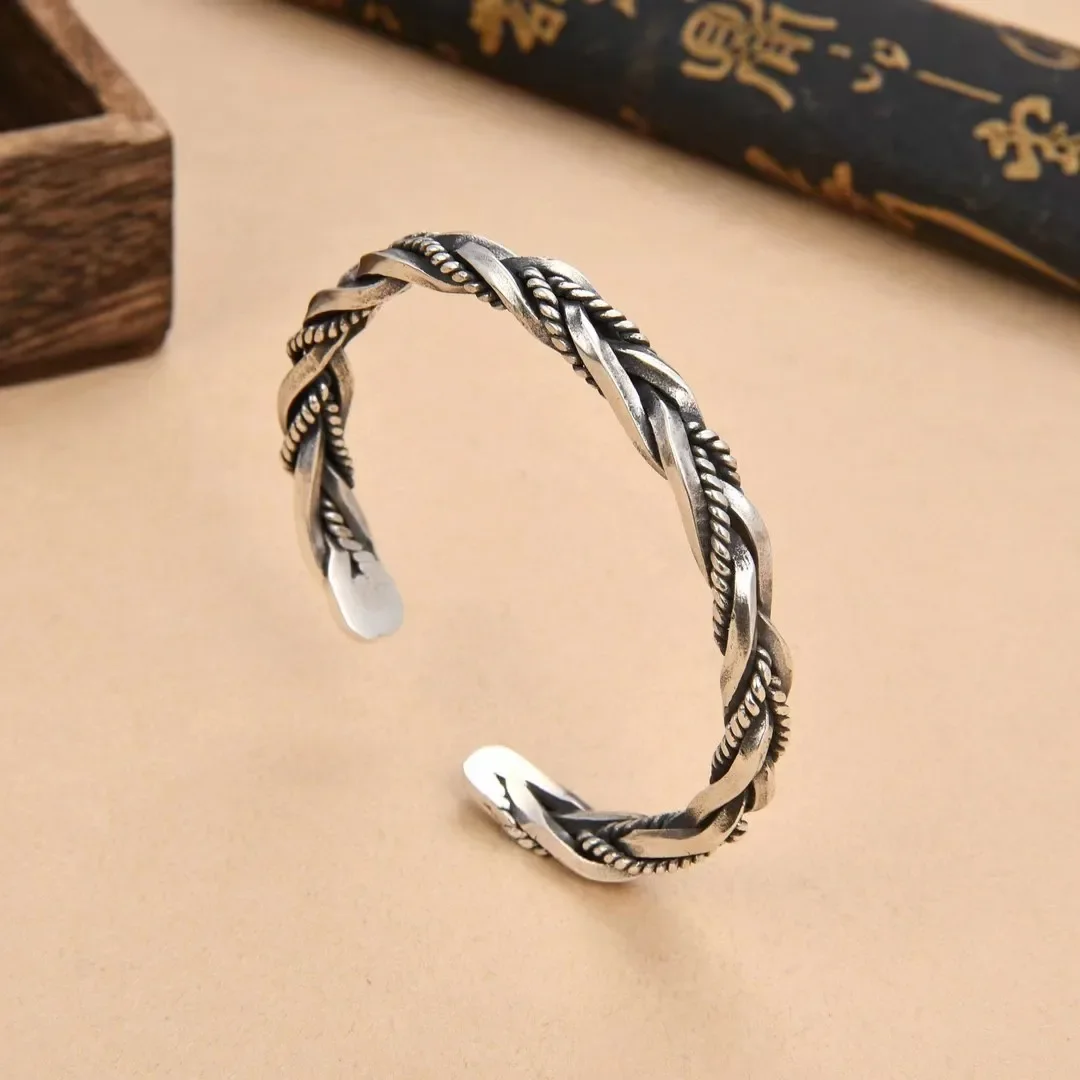 

Sterling Silver S925 Vintage Fried Dough Twists Knitted Bracelet Unisex Personalized Bracelet Fashion Niche Design Adjustable