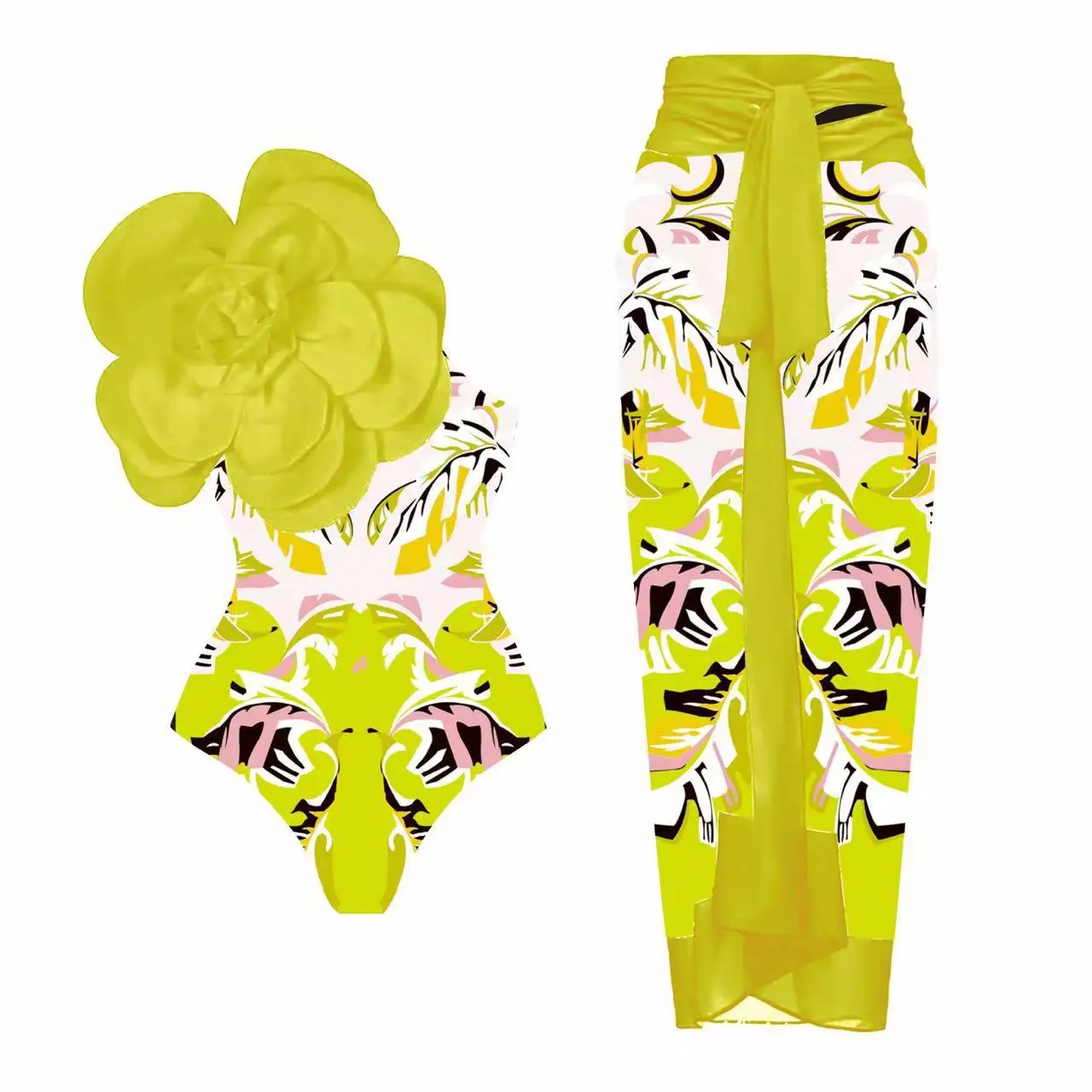 UNISHE - Leaf & Flower Print 3pcs Swimwear Bikini Set