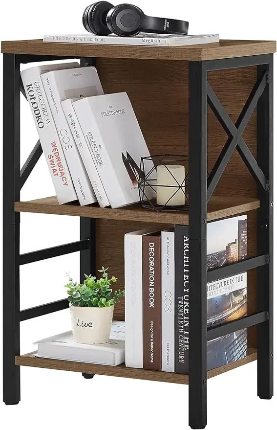 

Industrial 3 Tier Bookshelf, Rustic Wood and Metal Bookcase, FreeStanding Storage Small Bookcase for Small Space