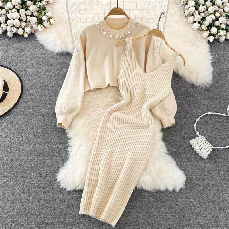 

Women Elegant Slim Two Piece Sets Female Beading Short Sweater Winter High Waist Knitted Ensemble Femme Long Party Dresses Q392