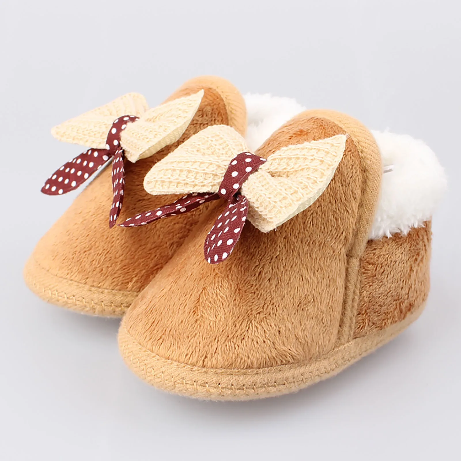 

Baby Boot With Fur Keep Warm Shoes Solid Bowtoe Decor With Fur Fashion Soft Cotton Bottom Newborn Baby Shoes Non-slip For 0-18m