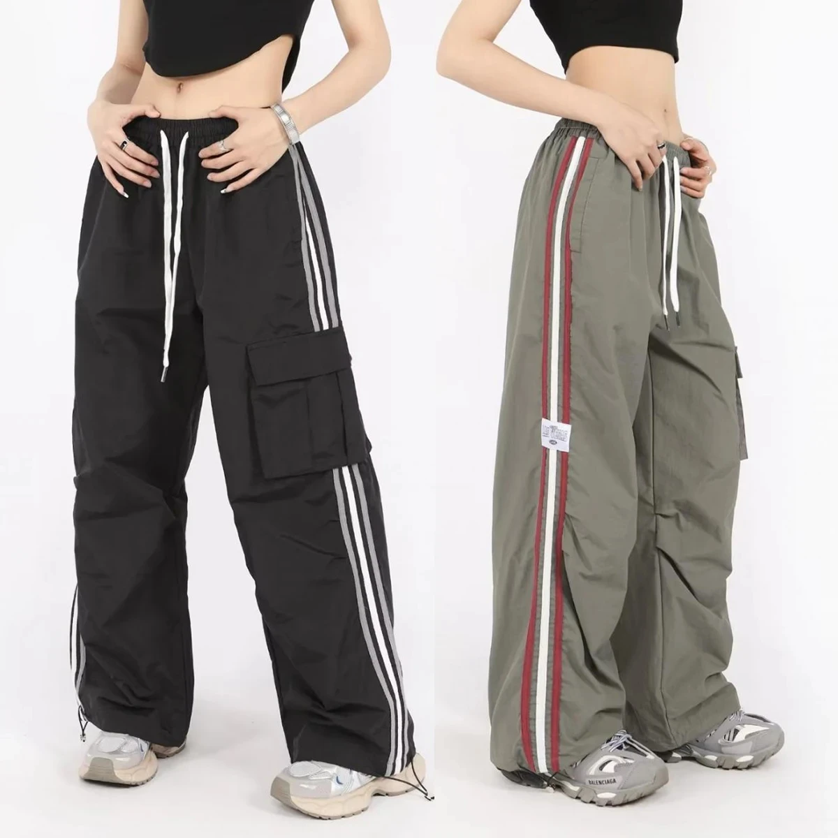 

Women Casual Work Pants Drawstring Black Low Waist Wide Leg Trousers Baggy Joggers Y2k Streetwear Sweatpant