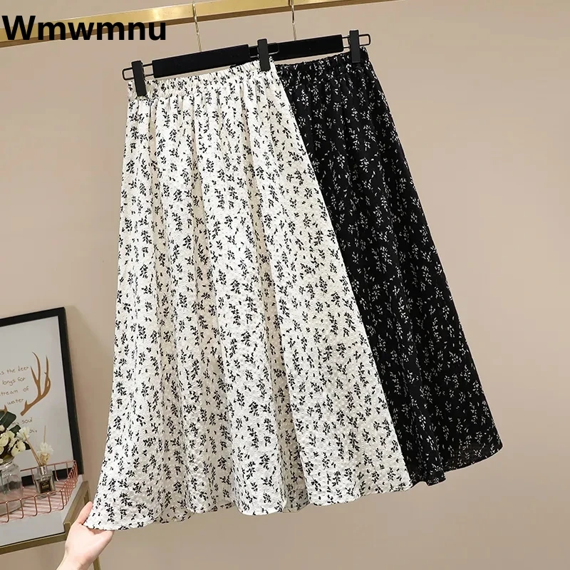 

Casual Print New Midi Skirt A-line Vintage Women Falda Elastic High Waist Elegant Fashion Korean Skirts Aesthetic Summer Jupe