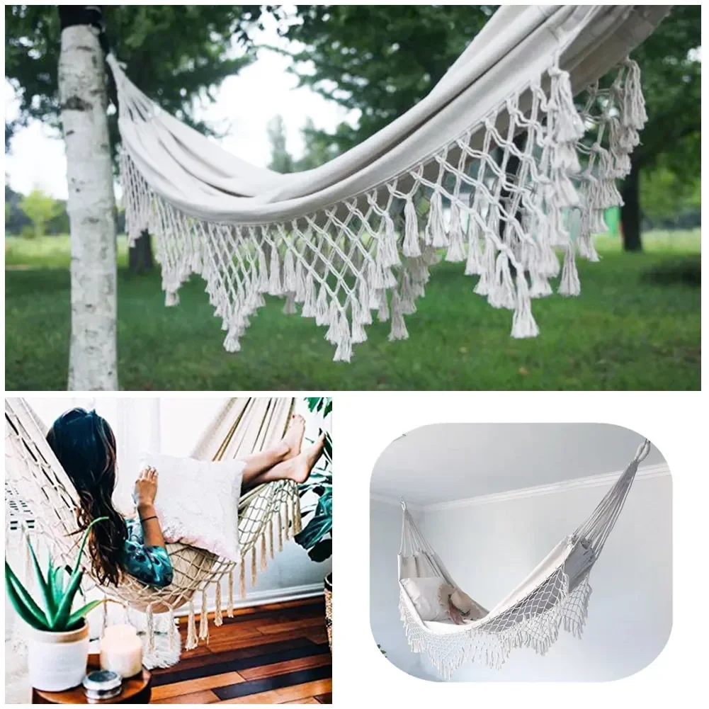 Portable 200*100cm 2 Person Hammock Large Brazilian Macrame Fringe Double Deluxe Hammock Swing Net Chair Outdoor Swings