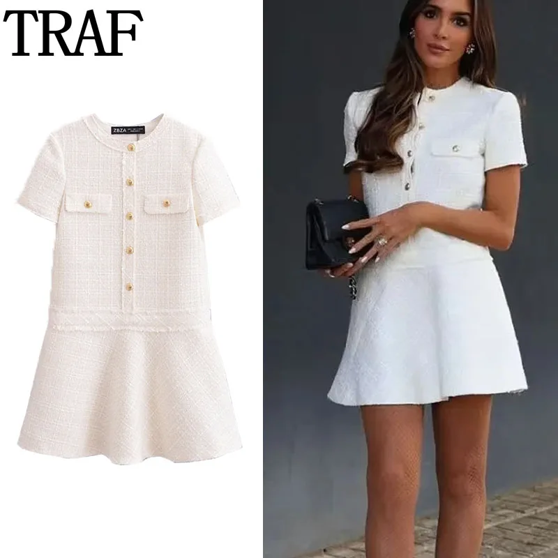 

TRAF Textured Short Dresses For Women Summer Short Sleeve Elegant Party Dresses 2024 Casual Button Up Check Mini Dress Woman