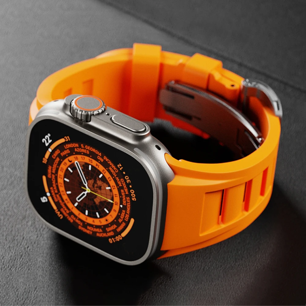 

Ремешок резиновый для Apple Watch 9 8 Ultra 2 49 мм 45 мм, силиконовый браслет для iWatch 7 se 4 6 5 3 42 мм 44 мм, мужской роскошный браслет