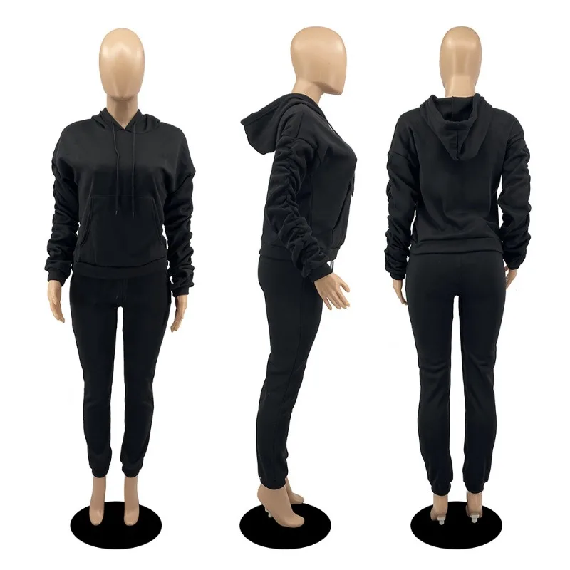 Soild Color Causal Tracksuit Sports 2 Pieces Set 2023 Autumn New Pile Sleeve Hoodie Sweatpants Trousers Lounge Wear Streetwear