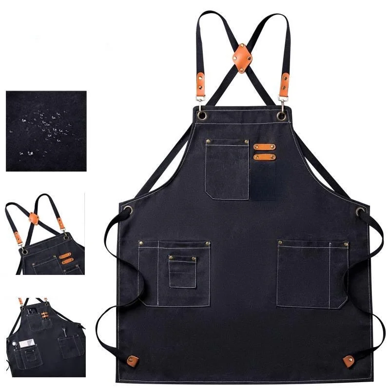 Upgraded Waterproof Canvas Apron Cross Back Chef Cotton Aprons with Large Pockets Kitchen