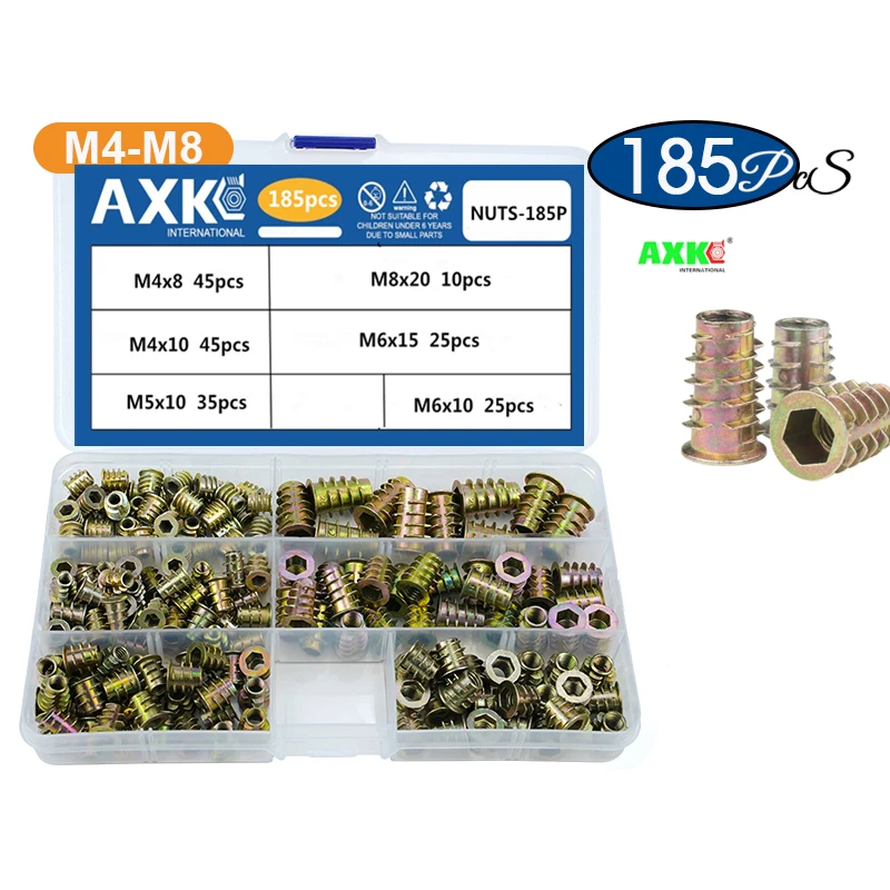 Axk 185 Peças Porca de Inserção de Rosca Conjunto Liga Zinco m4 m5 m6 m8 Inserções de Madeira Porca Kit Cabeça Sextavada Porca de Móveis