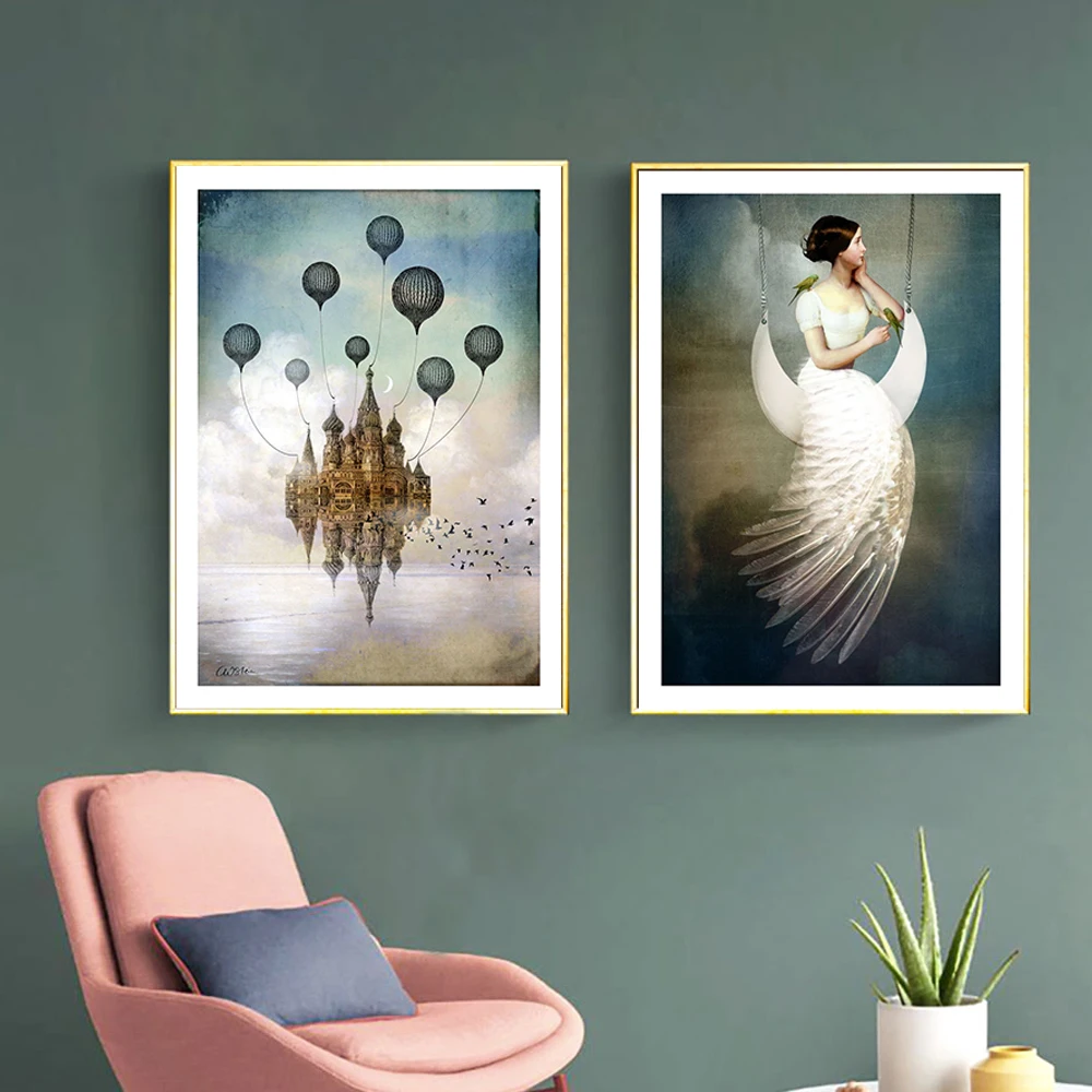 

Vintage Fairy Illustration Art Prints Balloon Magic Castle Painting on Canvas Poster Gallery Wall Picture Living Room Home Decor