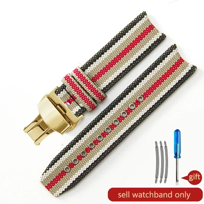 Men's Genuine Leather Cowhide Stripe Watch Strap in Nylon Canvas with Fold Buckle, 22mm