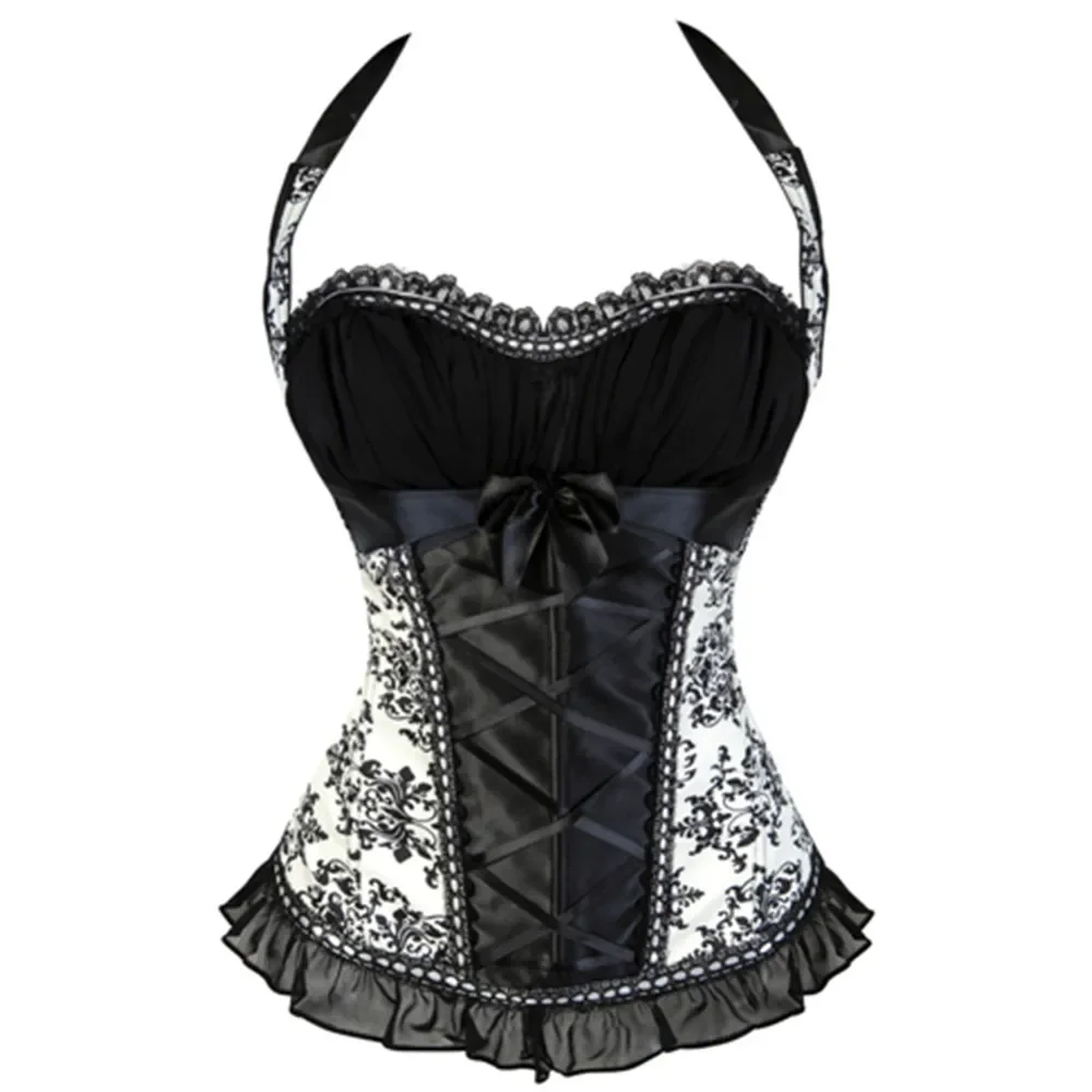 

Womens Halter Floral Print Satin Overbust Corset Lace up Bustier Waist Cincher Body Shaper Corsets and Bustiers