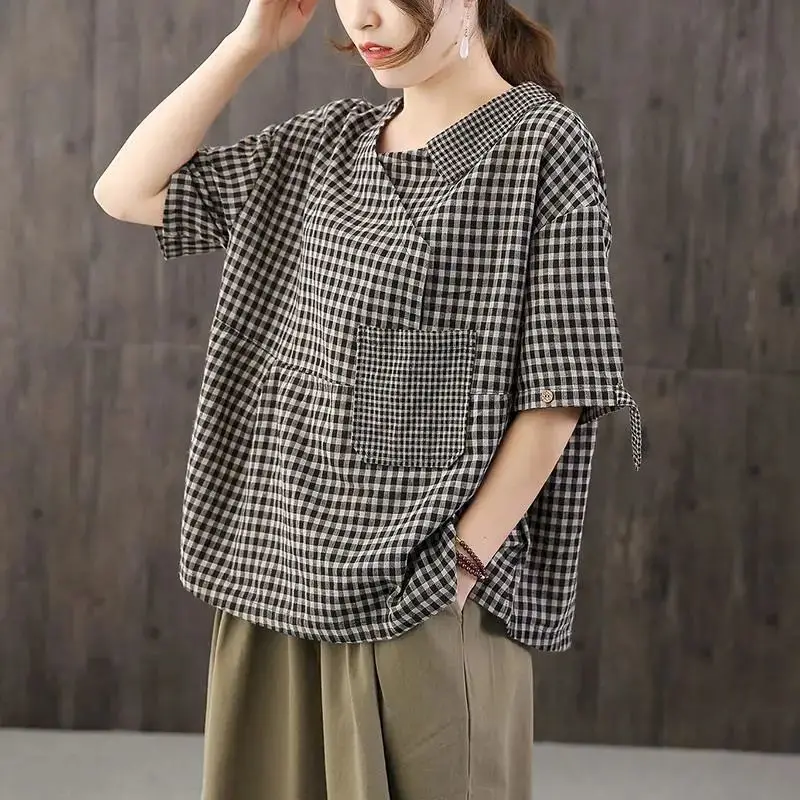 Women Summer Artsy Plaid 100 Linen Shirt 1