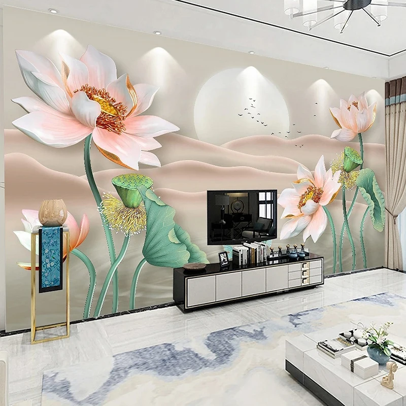 Custom Size Wallpaper Chinese Style Home Decor 3D Lotus Abstract Landscape TV Background Photo Mural Non-woven Relief Wall Paper