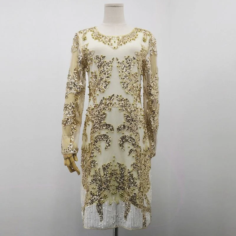 

European Summer New Loose Slim Sequined Beaded Long Sleeve Mid Length Dresses Women Fashion Streetwear
