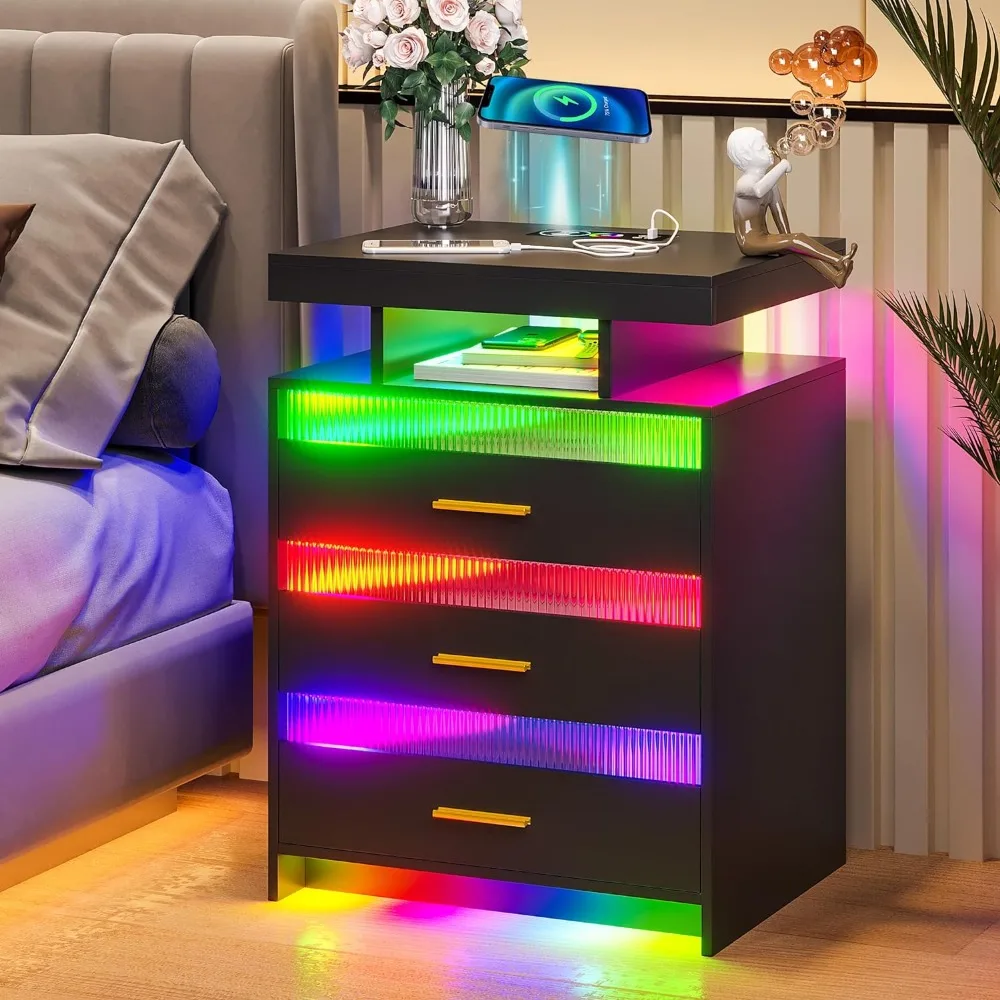 

Modern Bedside Table With Bedroom Drawers Furniture LED Bedside Table With Wireless Charging Station + USB+Type-C Port Home