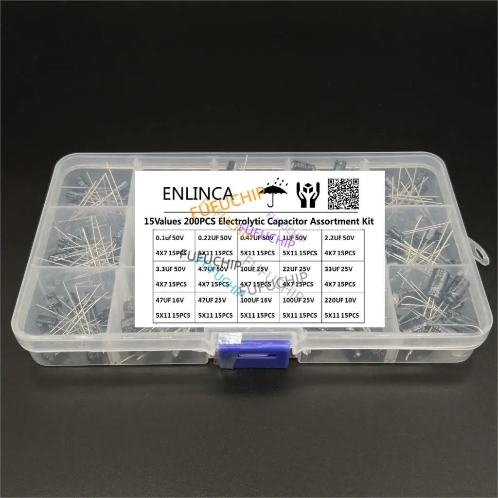 Radial capacitors set electrolytic capacitor aluminum electrolytic capacitor 15Values 10V 16V 25V 50V 0.1uF-220uF Electrolytic Capacitor Assortment Kit 0.22uf 2.2uf 100uf 200pcs/lot