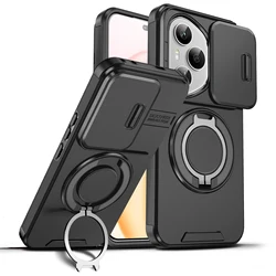 Magnetic Charging Protective Phone Case with Sliding Lens Cover and Rotating Ring for Honor Play10A (Black)