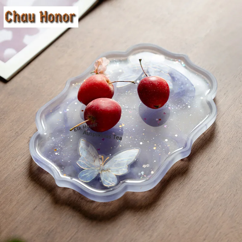 Crystal Butterfly Pot Bearing Holder Coffee Cup Dessert Serving Trays Dry Soaking Table Tea Tray Coasters Chinese Tea Set Craft